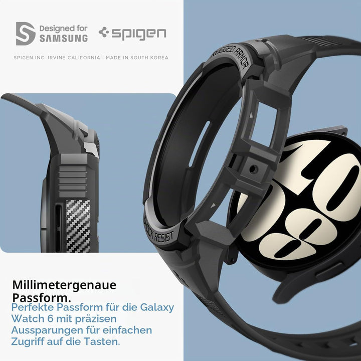 Spigen Rugged Armor Pro Hülle mit Armband Kompatibel mit Samsung Galaxy Watch 6 44mm 2023 - Schwarz