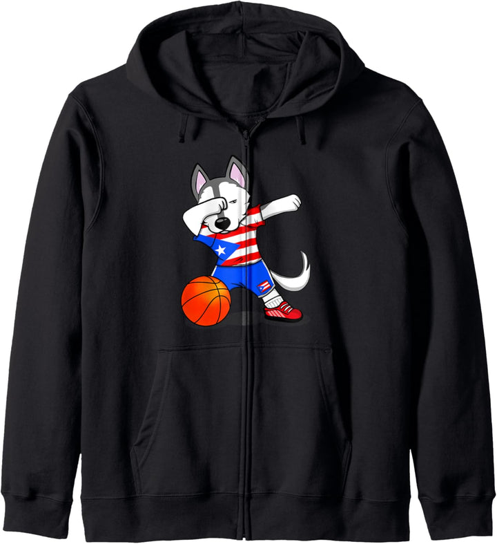Dabbing Husky Hund Puerto Rico Basketball Mannschaft Flagge Kapuzenjacke