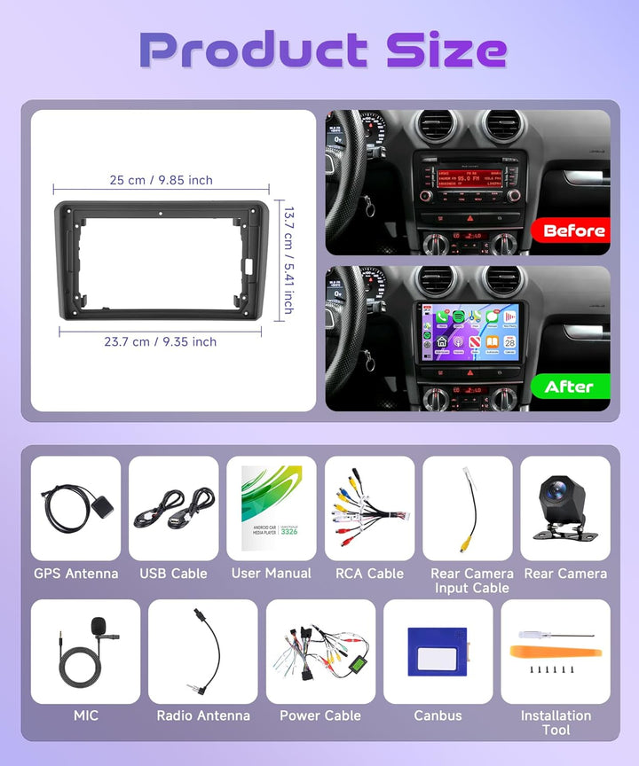 Rimoody 4G+64G Android Autoradio für Audi A3 S3 RS3 8P 8VS 8PA Wireless Carplay Android Auto, 9 Zoll