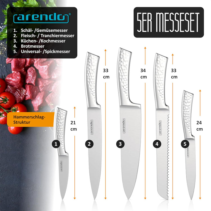 Arendo - Messerblock mit Messern - 5 teilig Messerset - Kochmesser, Tranchiermesser Brotmesser Unive