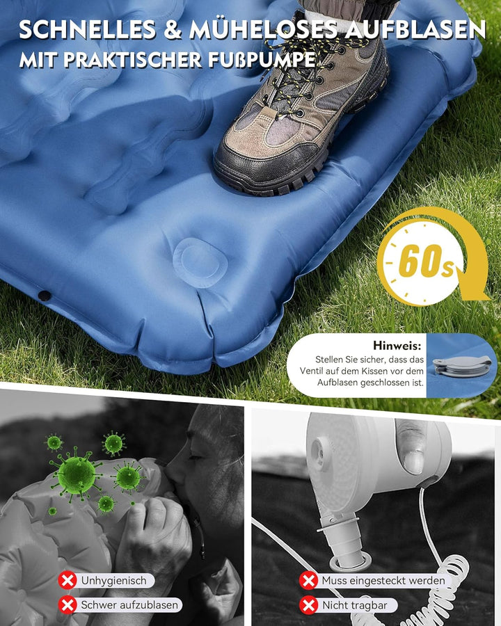 HIKENTURE Isomatte Camping, 12CM Ultradicke Isomatte Ultraleicht mit Kissen, Aufblasbare Matratze Kl