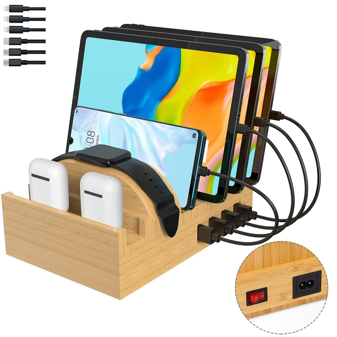 Ladestation für mehrere Geräte, Alltripal Bambus 7-Port Handy Ladestation 50W USB Ladegerät Schnelle