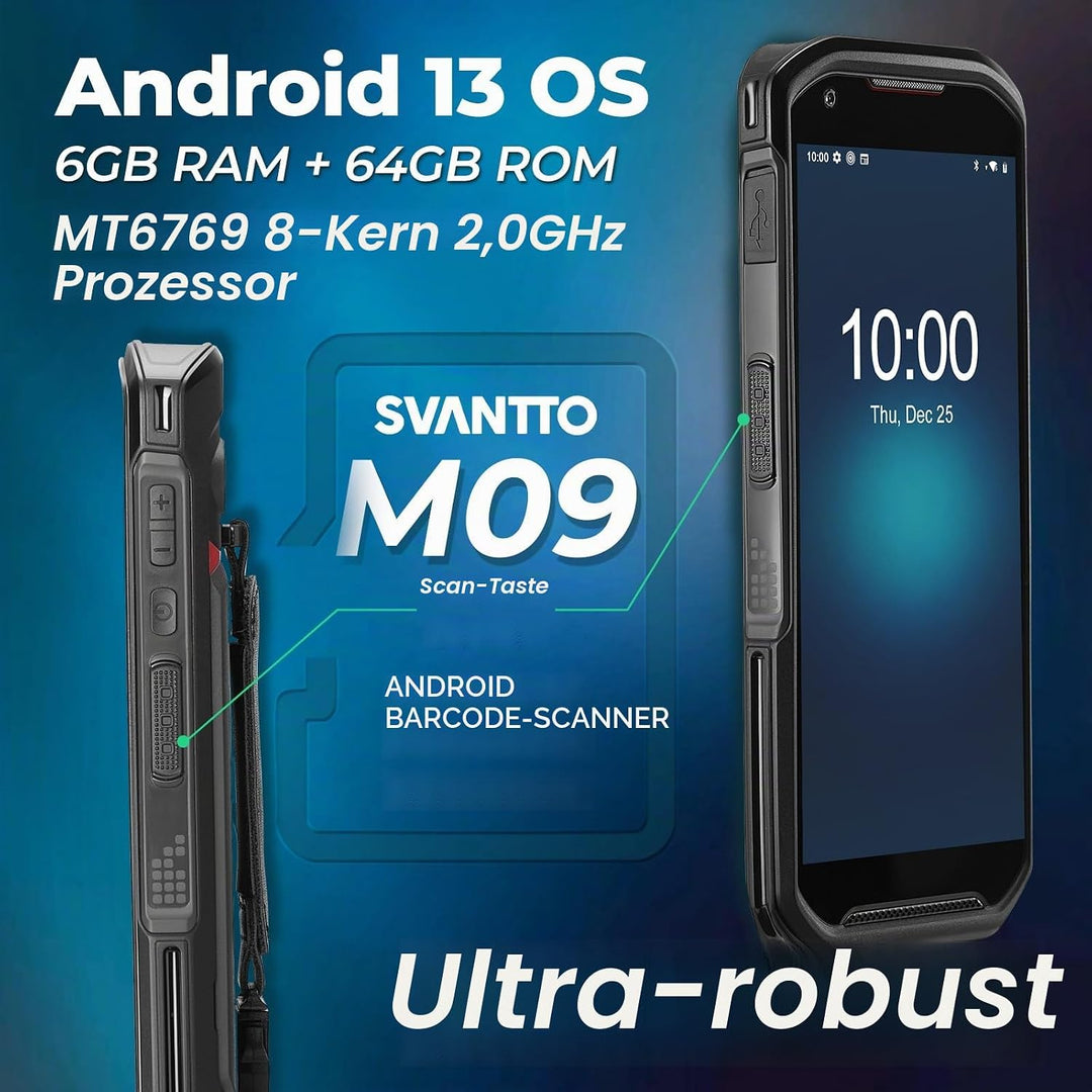 SVANTTO Android 13 Barcode Scanner,1D/2D/QR Scan Engine, 6+64 GB, IP66,5200mAh grosse Batterie, 5.5"