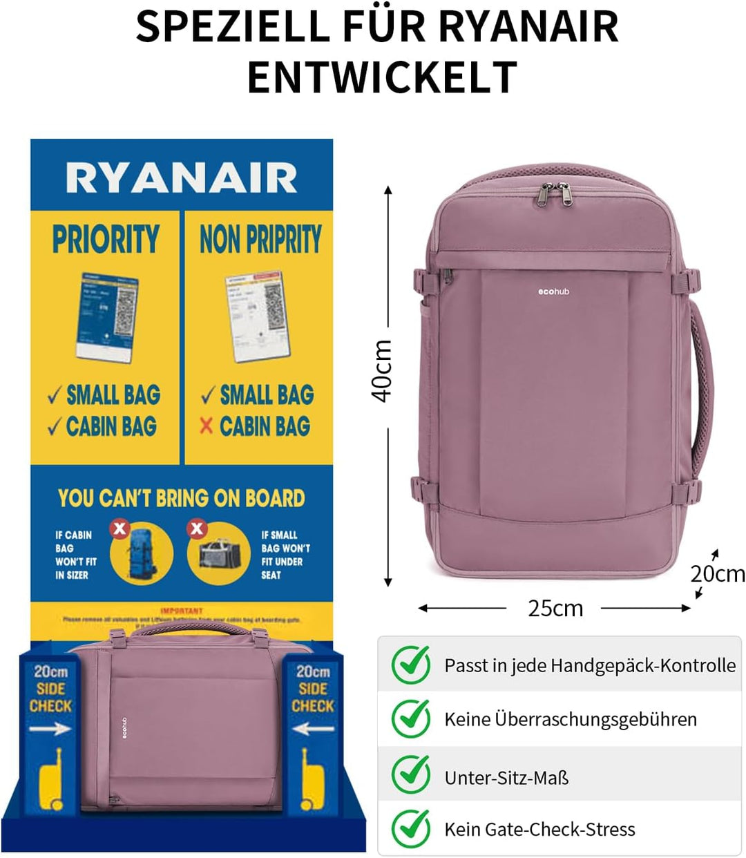 ECOHUB 20L Ryanair Handgepäck 40x20x25, Diebstahlsicher Handgepäck Rucksack, 3D Laptop Rucksack Wass