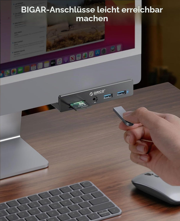 ORICO Clip-Typ USB Hub mit SD/TF Kartenleser, 5 in 1 USB Hub 3.0 mit 2 Typ A 3.0 Ports, 3.5 mm Audio