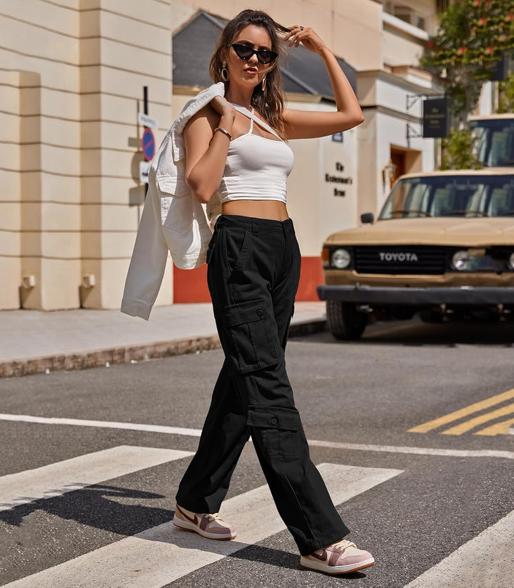 Fuakesor Cargohose Damen Baggy Y2K Multi Taschen High Waist Stretch Wanderhose Sport Jogginghose mit