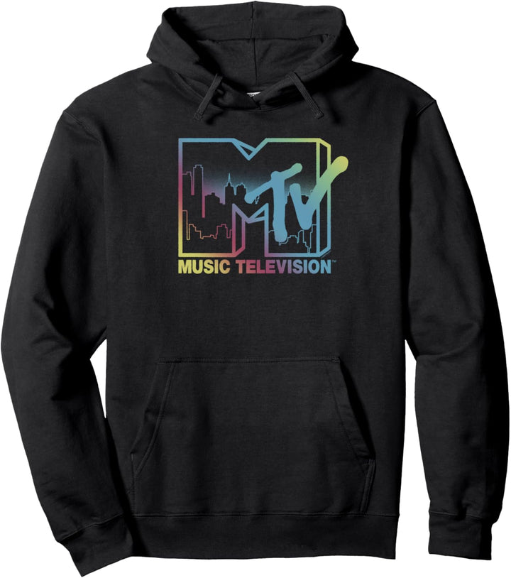 MTV Music Television Neon Rainbow City Skyline MTV Logo Pullover Hoodie