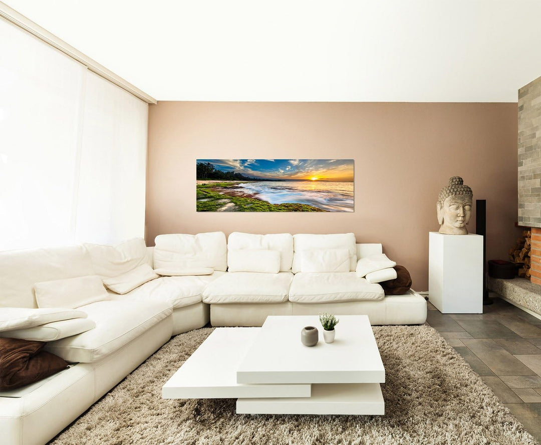Paul Sinus Art Panoramabild auf Leinwand und Keilrahmen 150x50cm Meer Strand Moos Wald Sonnenunterga