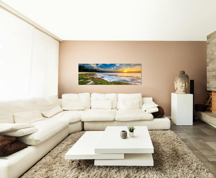 Paul Sinus Art Panoramabild auf Leinwand und Keilrahmen 150x50cm Meer Strand Moos Wald Sonnenunterga