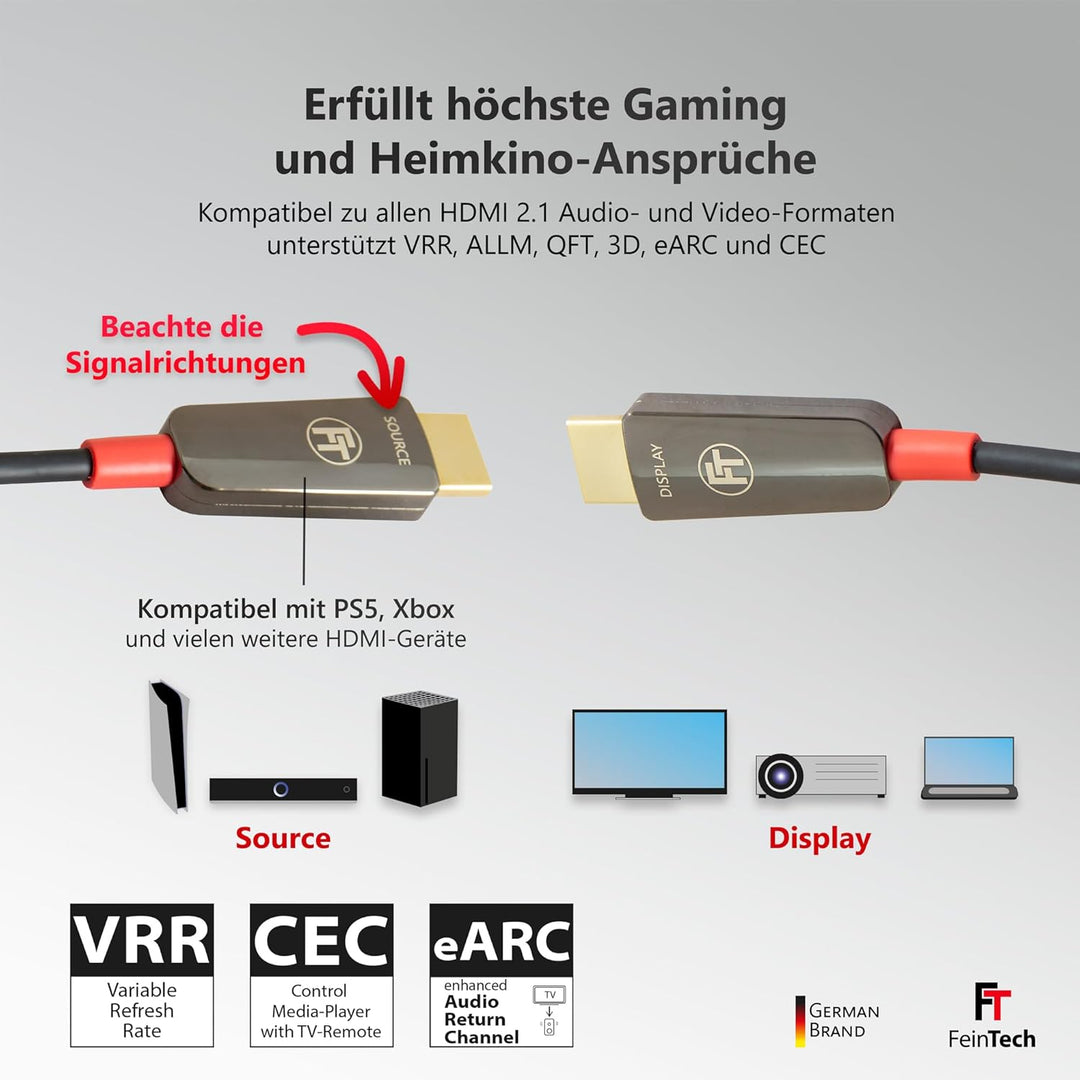 FeinTech 8K HDMI Glasfaserkabel 15m, 4K 120Hz, 1440p 144Hz für HDMI 2.1 Gaming, HDMI Kabel PS5 Xbox
