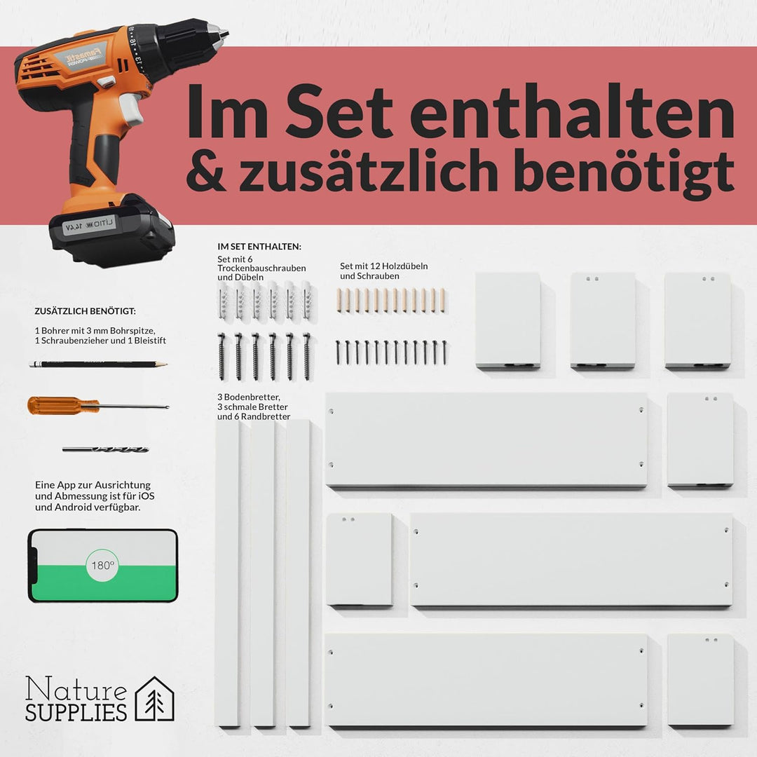 NATURE SUPPLIES Set mit 3 weissen Kinderzimmerregalen 58 cm, Massivholz, ideal für Bücher, Spielzeug