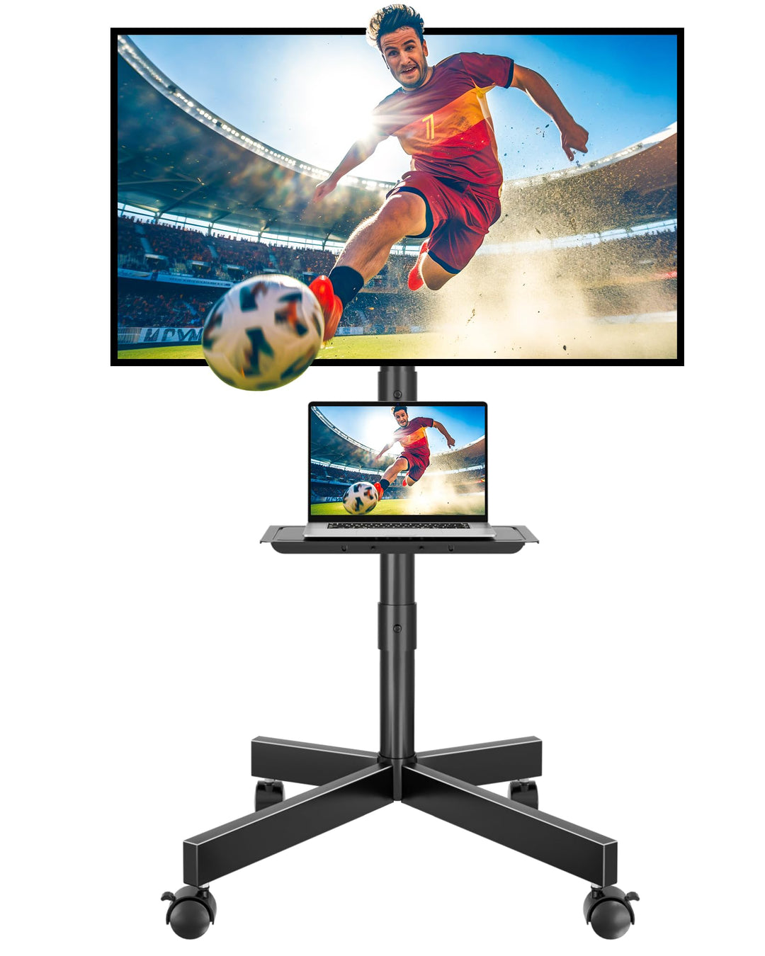 BONTEC Mobiler TV Ständer auf Rollen, Neigbar, Höhenverstellbarer Rollbarer TV Wagen mit Medienablag