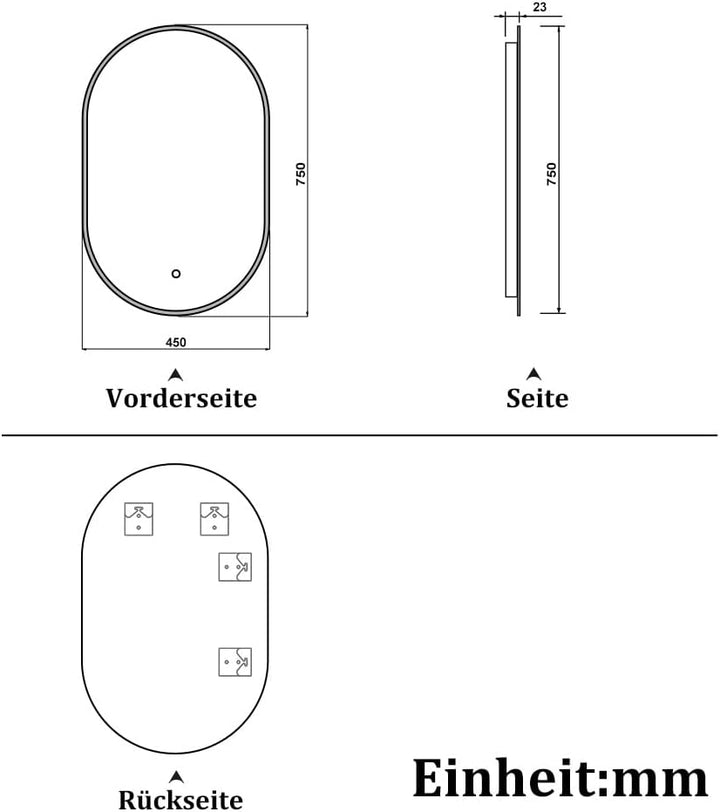 Badspiegel 75×45cm Rundbahn 3 Lichfarbe dimmbar Memory Wand/Touchschalter Anti-Beschlag Badezimmersp