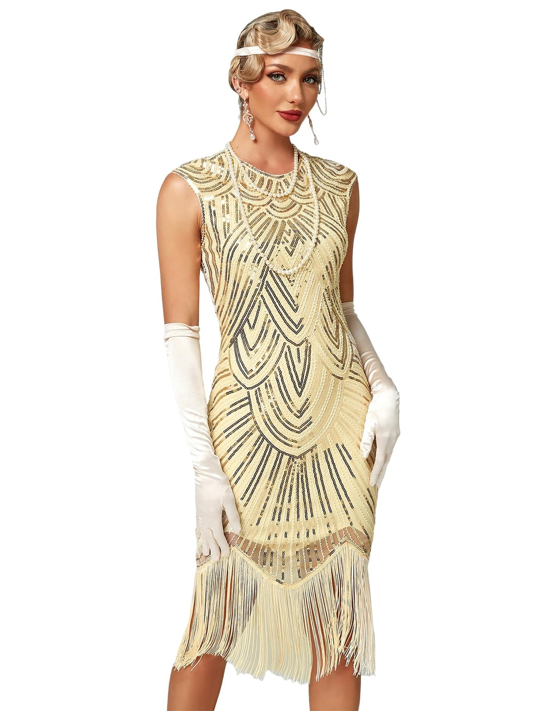 VILOREE Damen Kleid voller Pailletten 20er Stil Runder Ausschnitt Inspiriert von Great Gatsby Kostüm