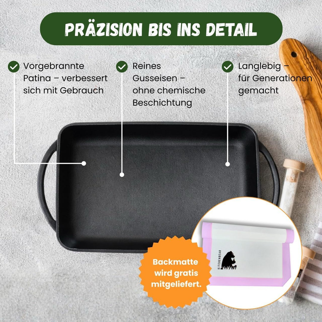 Grillplatte aus Gusseisen inkl. Silikonmatte - geeignet für Induktion, Gas, Ceran, Backofen, Grill u