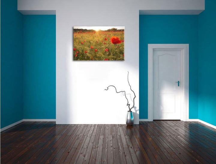 Pixxprint Traumhaftes Mohnfeld bei Sonnenuntergang Bunstift Effekt, Format: 100x70 auf Leinwand, 100
