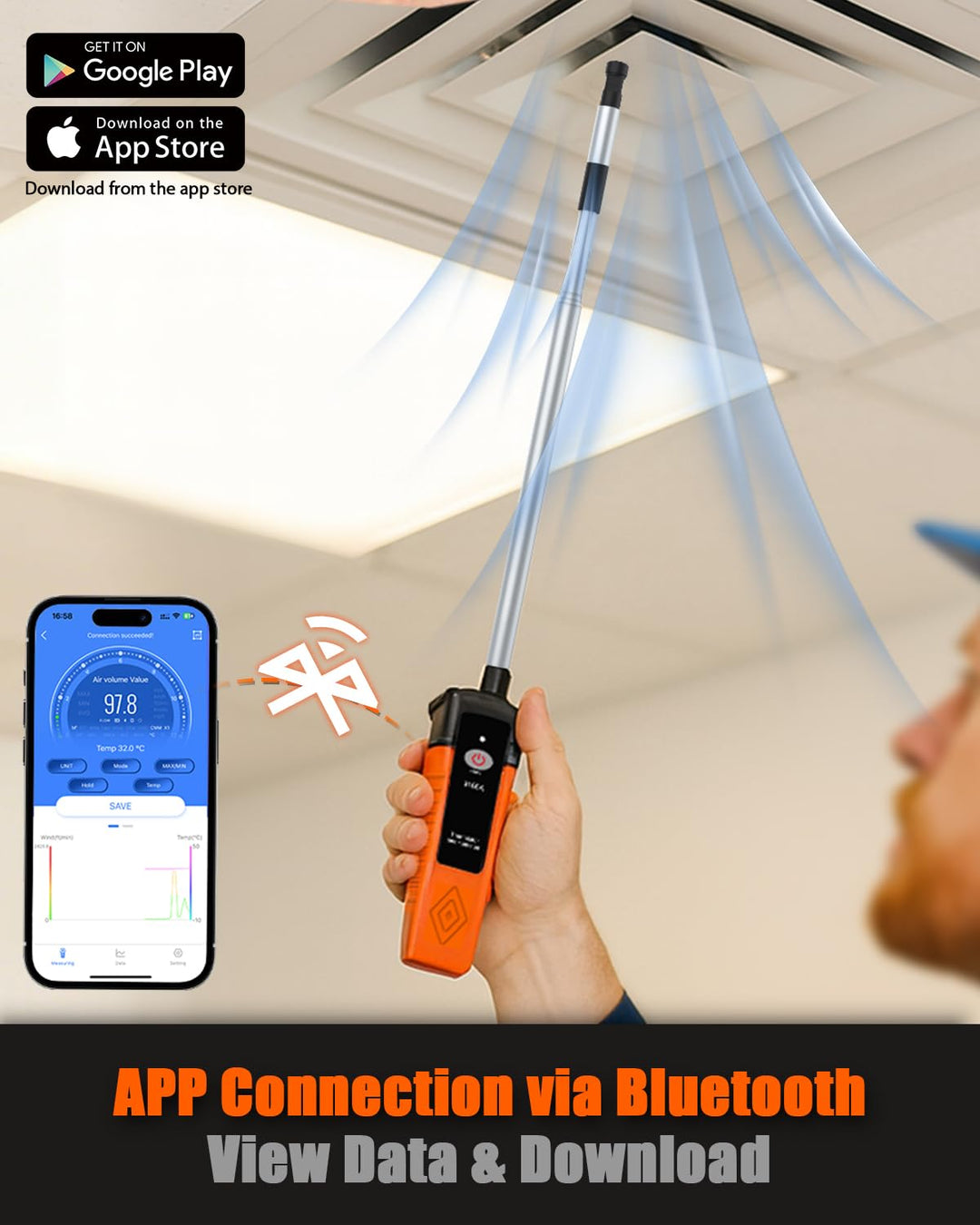 SURLABA Hitzdraht-Anemometer, XF-9100A CFM Luftgeschwindigkeitsmesser Bluetooth-APP-Verbindung, Outd