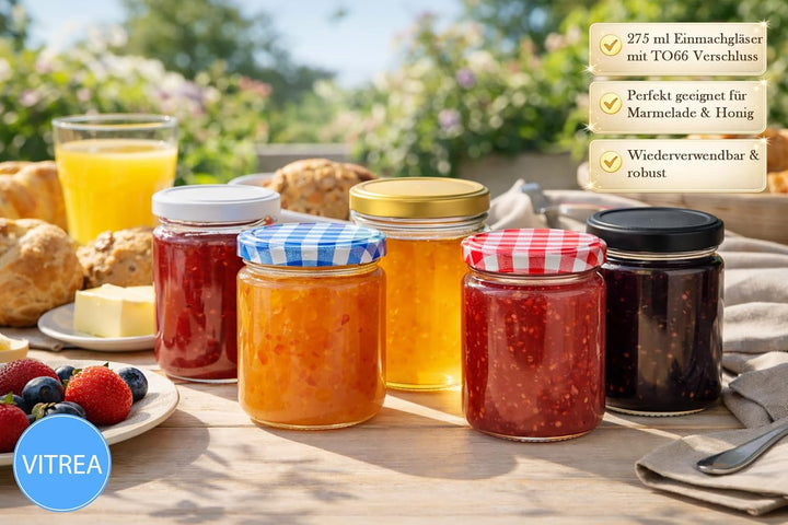 Vitrea 50x Marmeladengläser 275 ml - mit Deckel Obst TO 66 - Einmachgläser zum befüllen mit Schraubd