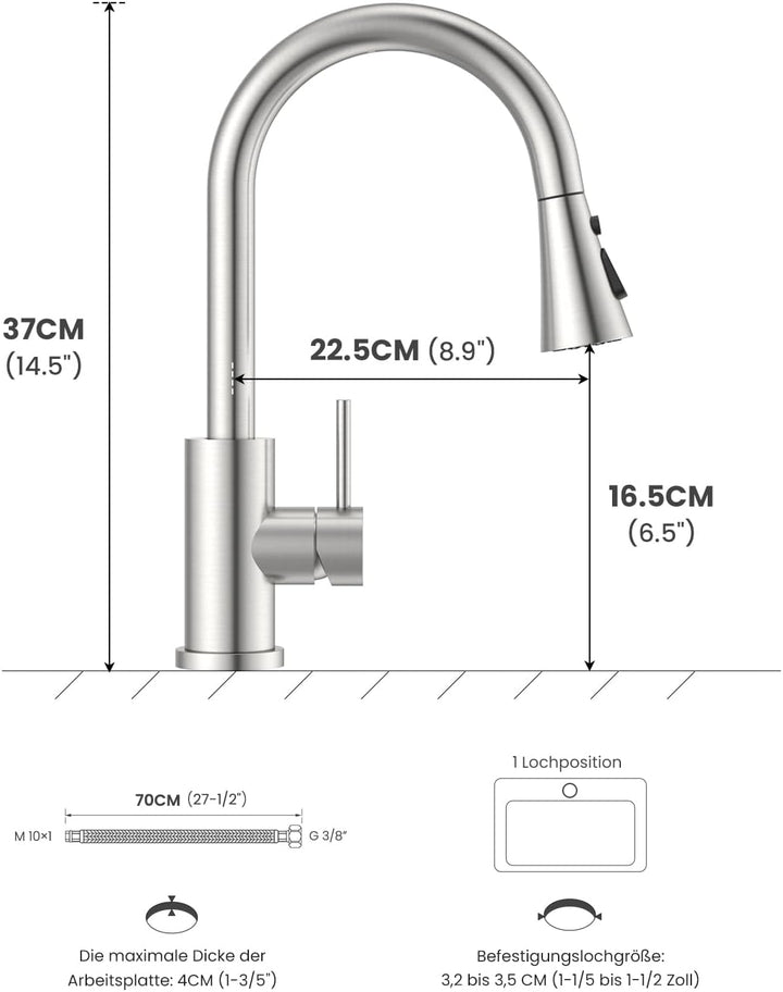 DAYONE Niederdruck Küchenarmatur, Ausziehbarer Wasserhahn mit 3 Strahlarten, Wasserhahn Küche mit 3