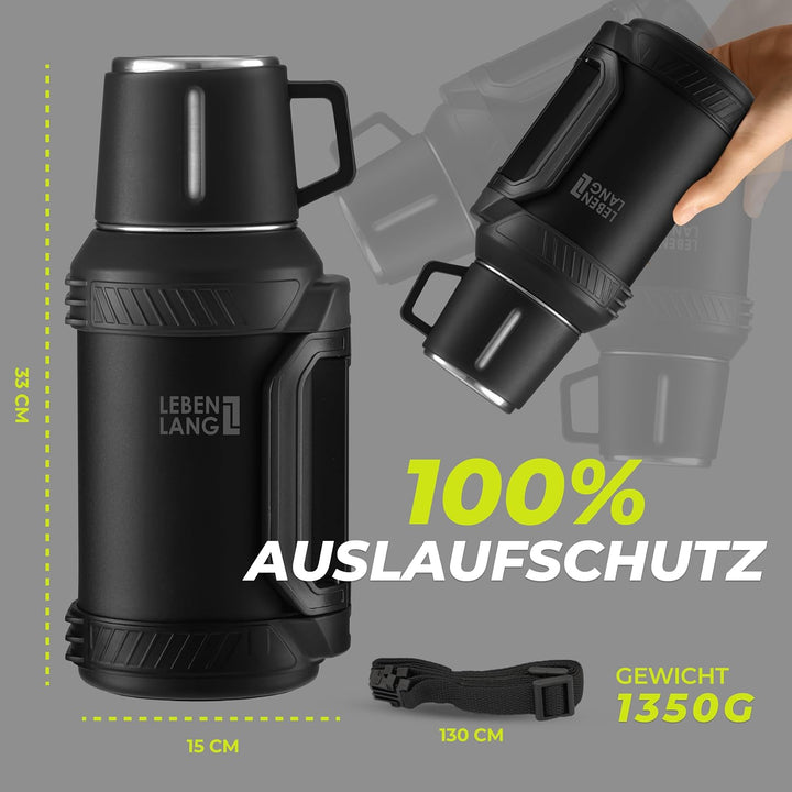 LEBENLANG Thermosflasche 2,5 Liter - 24h Heiss Inkl. Becher, Teesieb, Tragegurt I Trinkflasche Therm