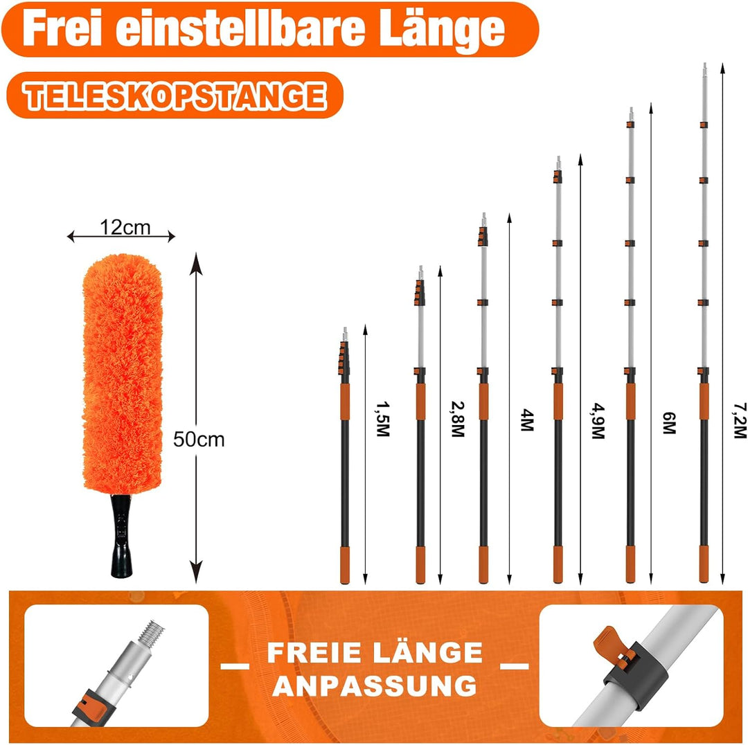 SISUPASSIE 7,2m Staubwedel Teleskop, Spinnenwebenentferner waschbar, Fensterputzer mit Teleskopstang