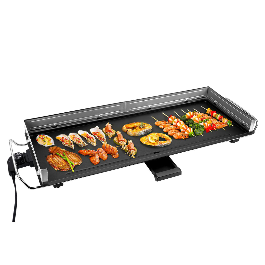 AEWHALE Tischgrill Elektrisch,XXL Plancha-Teppanyaki Grillplatte 2400W mit Wind-/Spritzschutz aus Ed