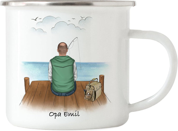 Angler Emaille Tasse Personalisiert Individuell mit Name Angeln Fischen Geschenk Opa Vater zum Vater
