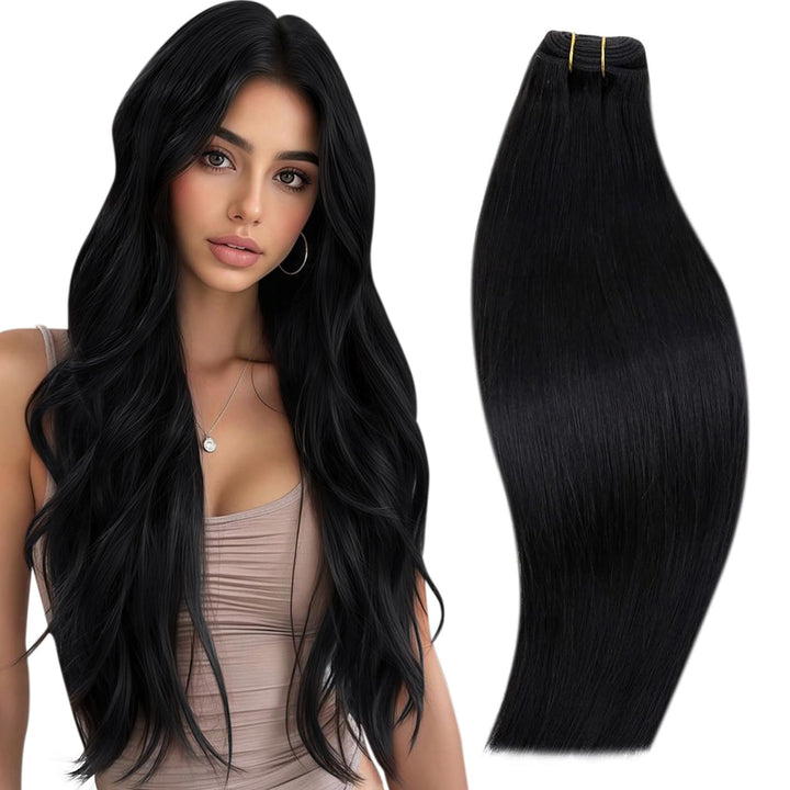 RUNATURE Tressen Echthaar 50cm Schwarz Echthaar Tressen Zum Einnähen Schwarz 100g Lang Extensions Ec