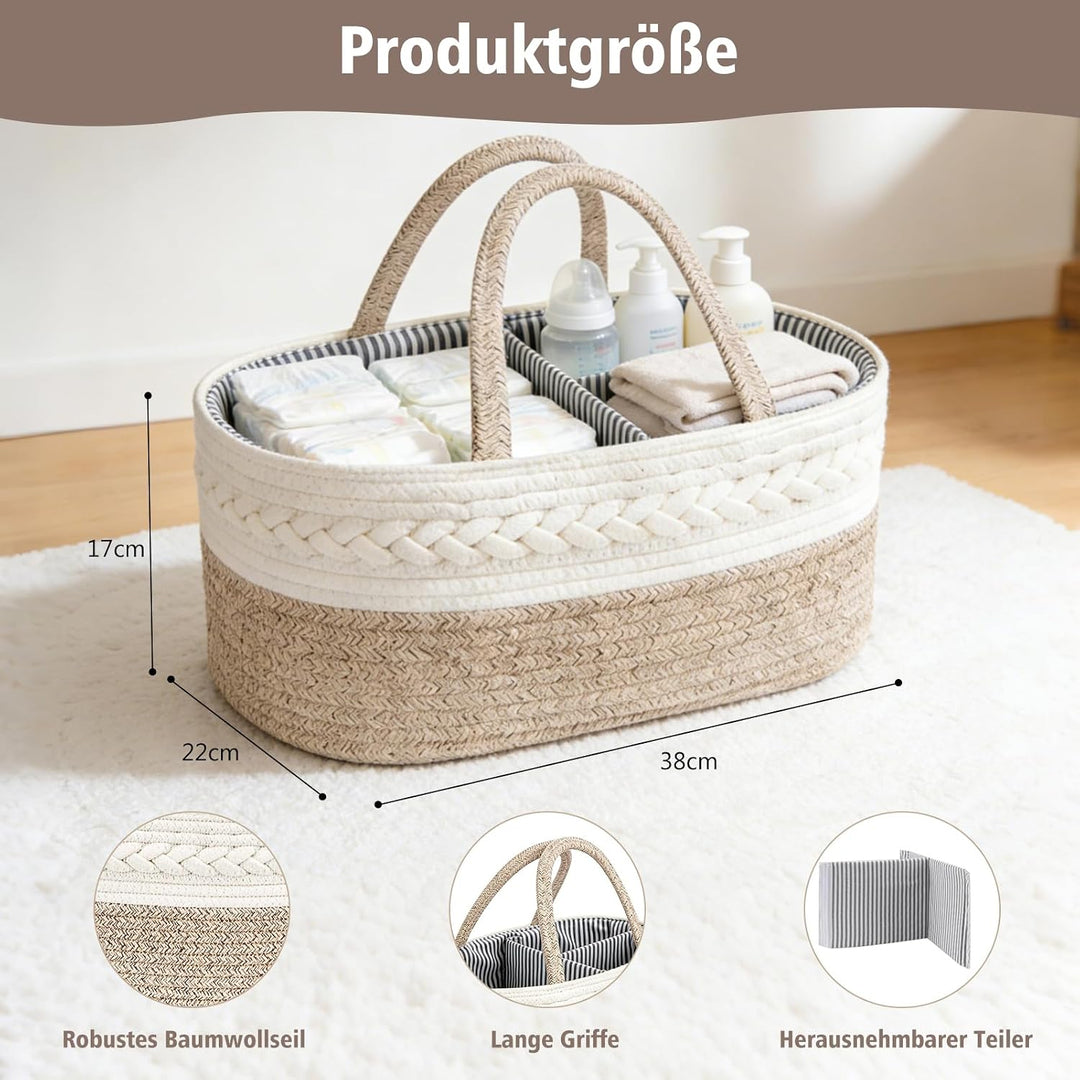 Windel Caddy Organizer, Baby Organizer Korb mit wechselbaren Fächern | 100% Baumwoll Leinen Wickelti