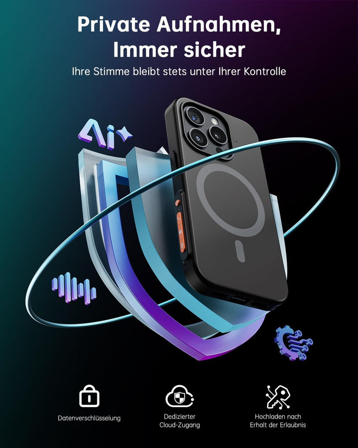 KI Digitales Diktiergerät mit Handyhülle, App-Steuerung, Unterstützt 80+ Sprachen, Transkribieren un