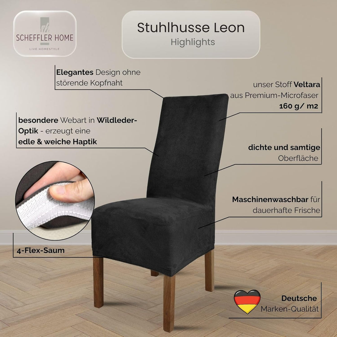 SCHEFFLER-Home Stuhlhussen 2er Set Leon Schwarz/elastische Wildleder Hussen für Stühle/Robustes Frei