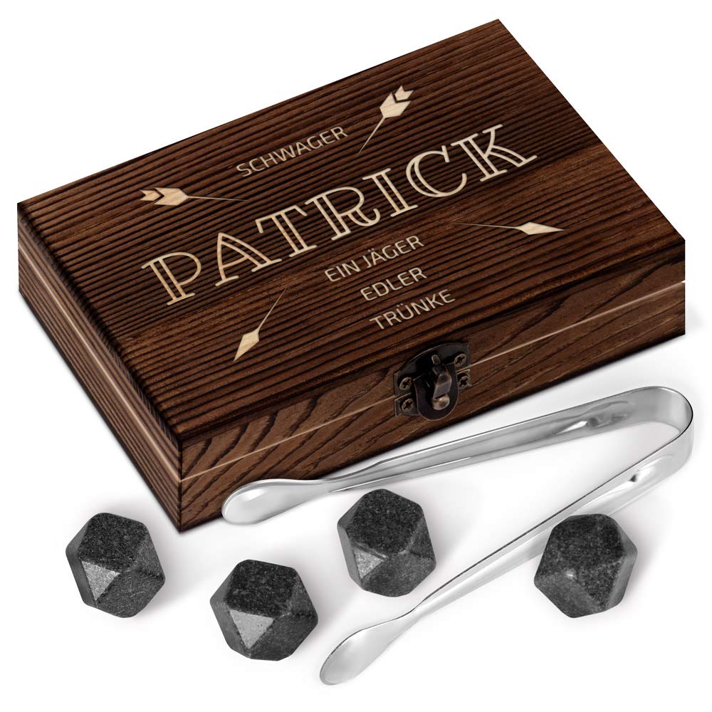 Maverton Whisky Steine Set - in Holzbox mit Gravur - 6 Eiswürfel + Zange + Velourbeutel - wiederverw