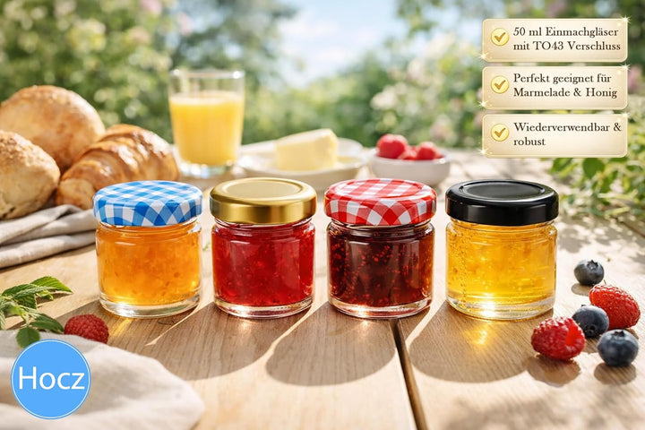 hocz 50x Mini Marmeladengläser 50 ml | mit Deckel Obst TO 43 | kleine Einmachgläser mit Schraubdecke