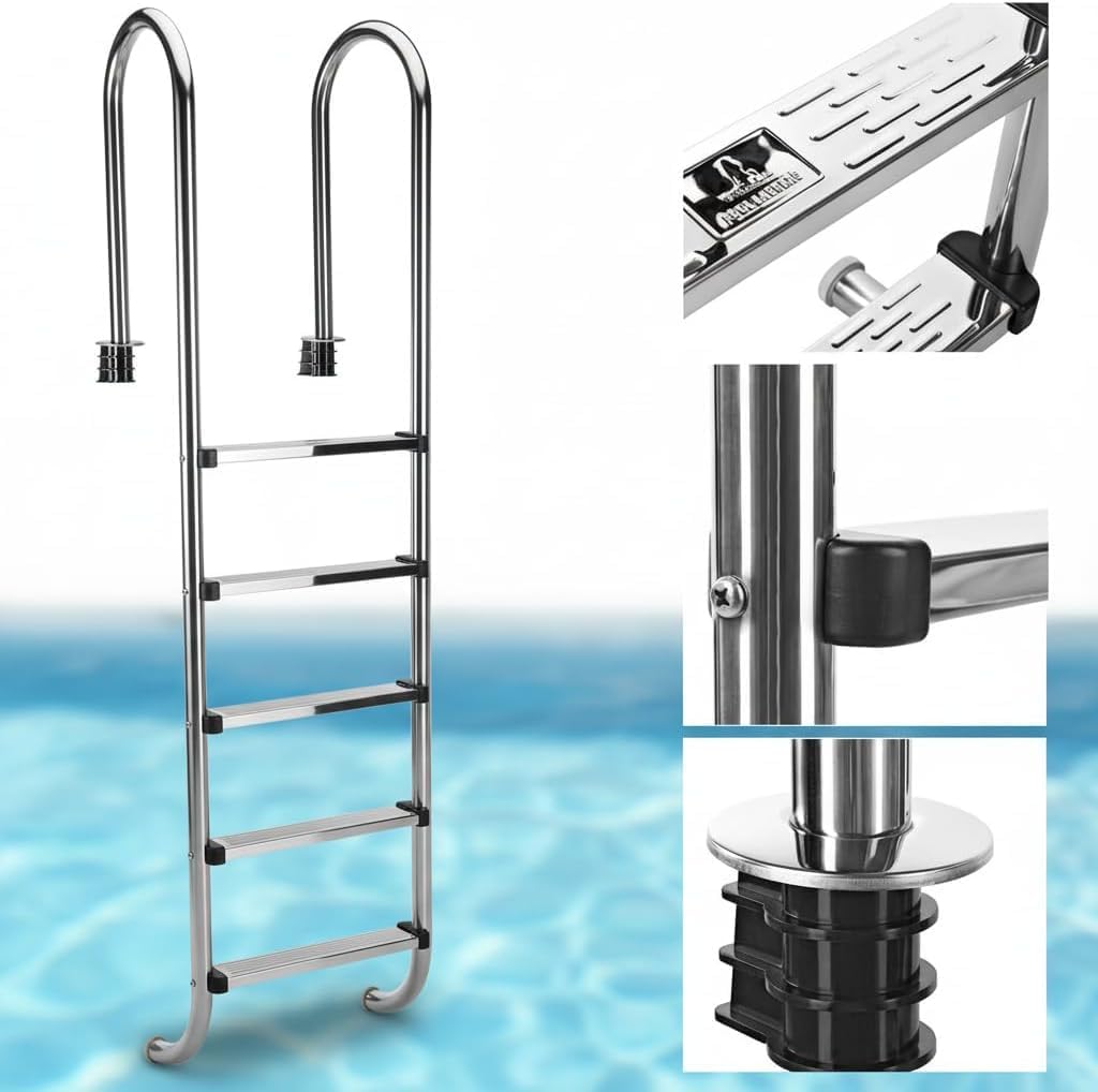 Melko Poolleiter 5stufig Edelstahl Schwimmbecken Treppe Hochbeckenleiter Einbauleiter 5 Stufen, 5 St