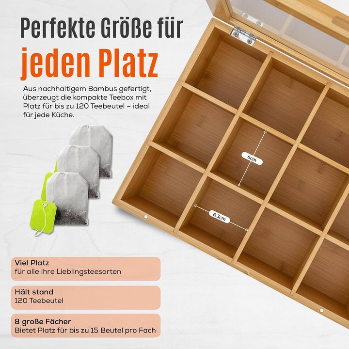 AH® Teebox aus Bambus mit 12 Fächern – Teekiste zur Teebeutel Aufbewahrung mit Sichtfenster &amp; Magnet