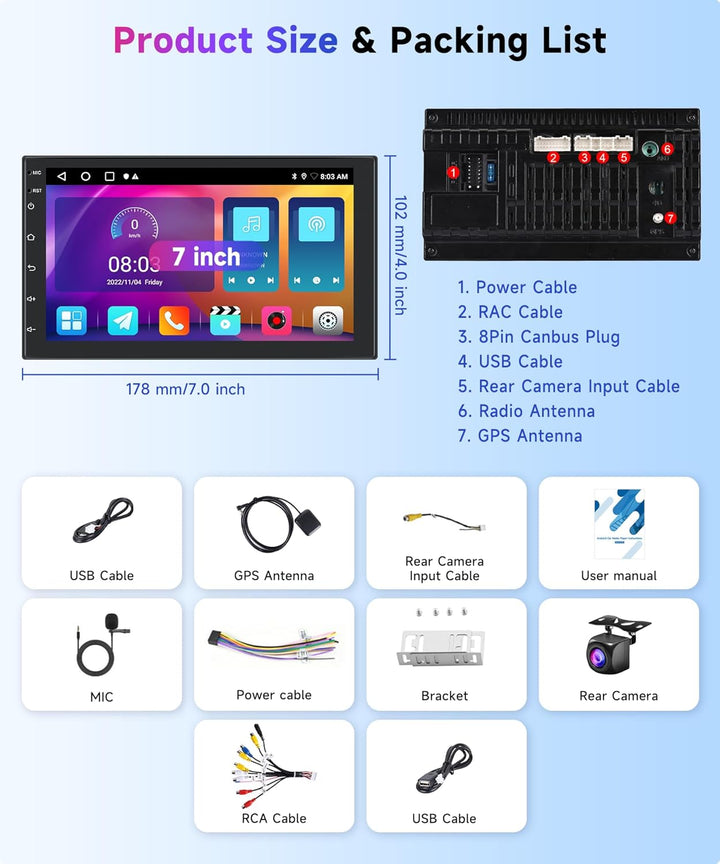 Rimoody 2G+64G Autoradio 2 Din Android Wireless Carplay Android Auto, 7 Zoll Touchscreen 2 Din Radio