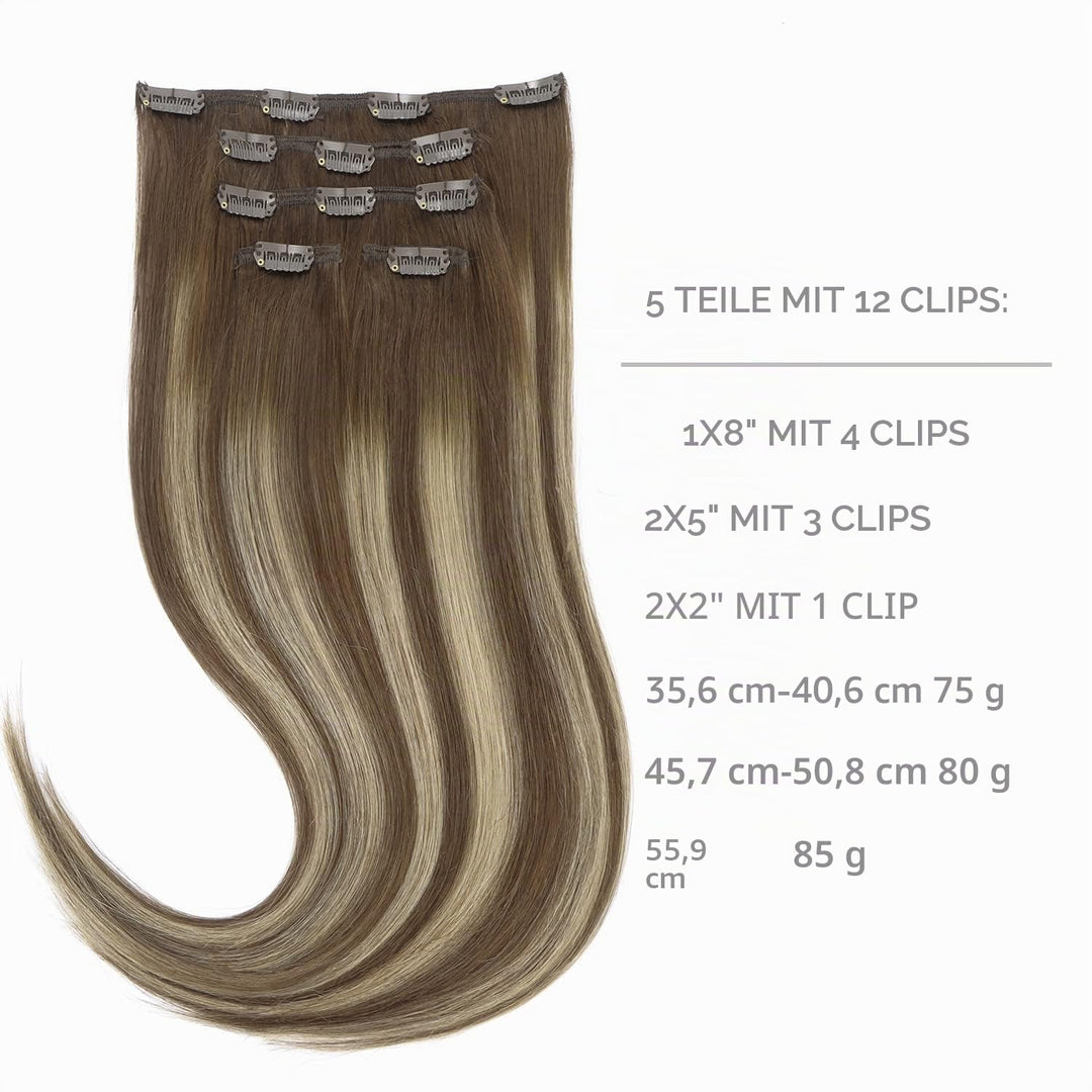WENNALIFE Clip in Extensions Echthaar, 75g 5pcs 40cm Balayage Schokoladenbraun bis Honigblond Extens