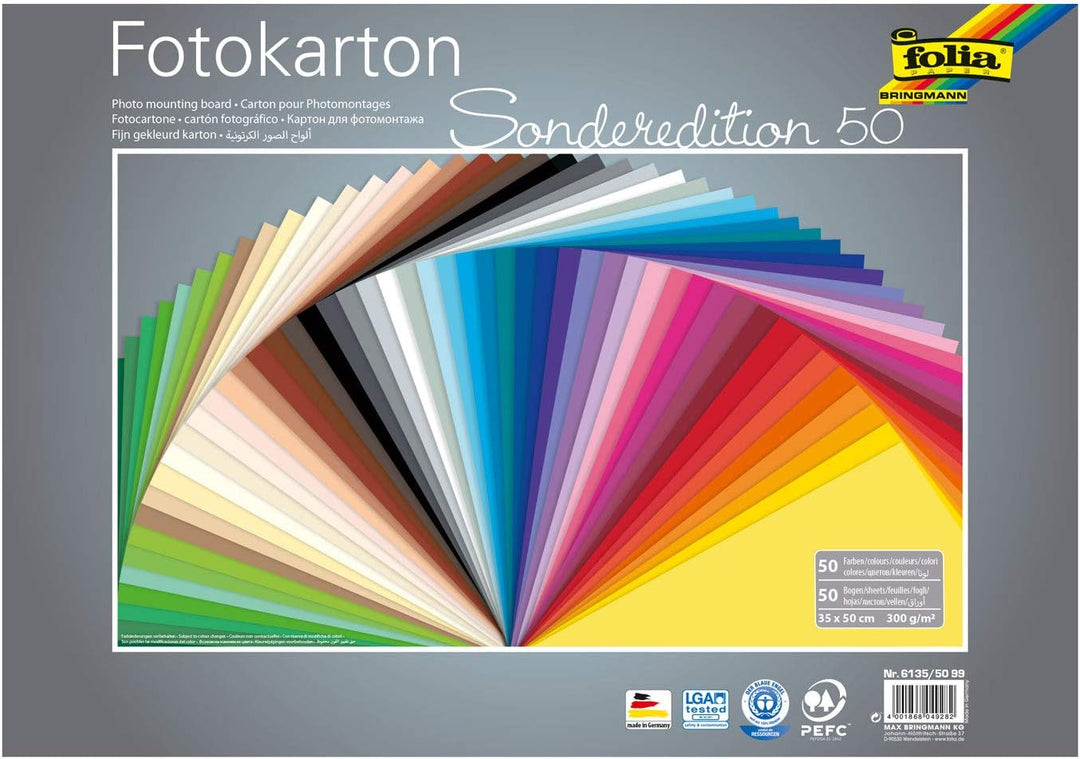 folia 6135/50 99 - Fotokarton Mix 35 x 50 cm, 300 g/qm, 50 Blatt sortiert in 50 Farben - ideale Grun