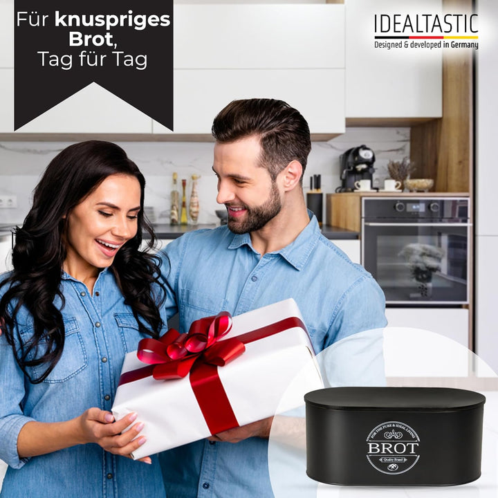 IDEALTASTIC® Premium 2-in-1 Brotkasten schwarz mit effizientem Schneidebrett-Deckel I Länger frischh