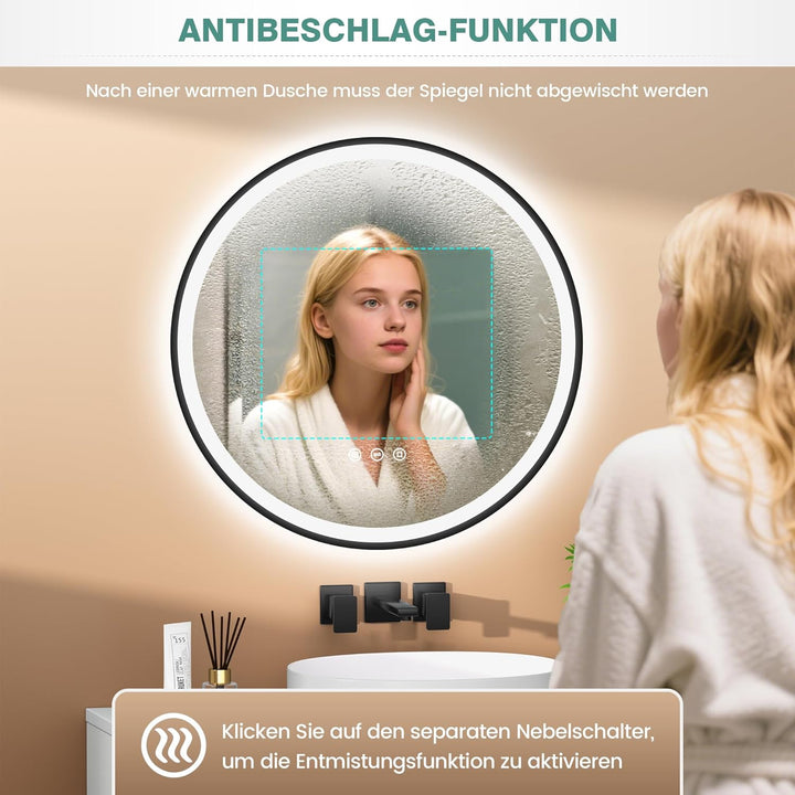 80cm Badezimmerspiegel mit Beleuchtung – Spiegel Schwarzer Rahmen, Antibeschlag, Dimmbar, 3 Lichtfar