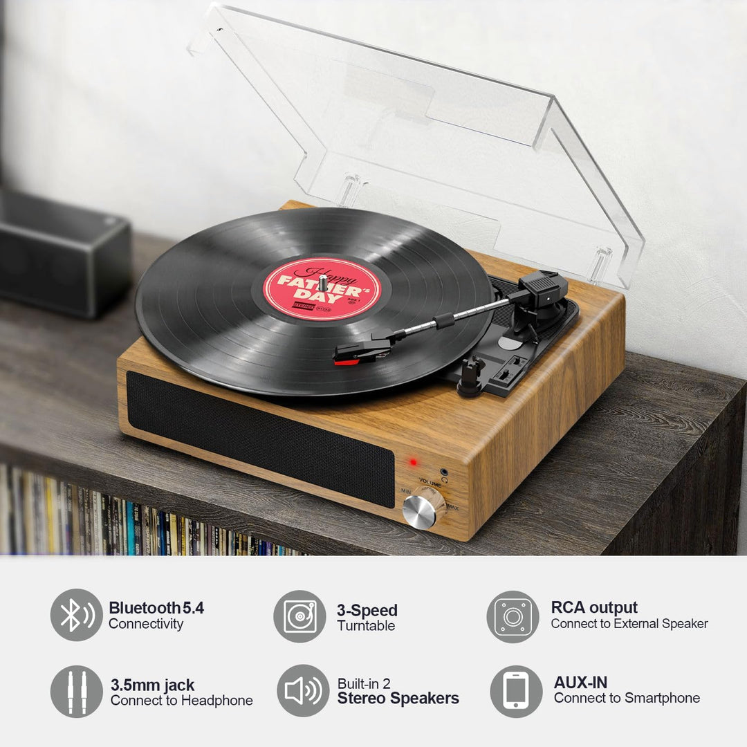 FYDEE Plattenspieler, Bluetooth 5.4 Schallplattenspieler mit Einstellbarer Auflagekraft, 2x3W Stereo