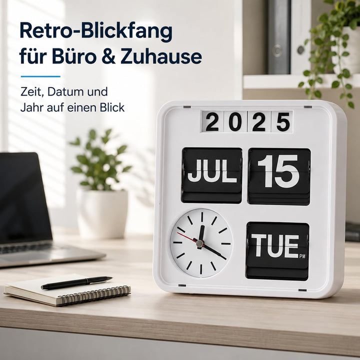 Eurotime 80005-00 Retro Tisch- &amp; Wanduhr mit Voll-Datumsanzeige inkl. Jahr, Quarzuhr im Klappkarten-