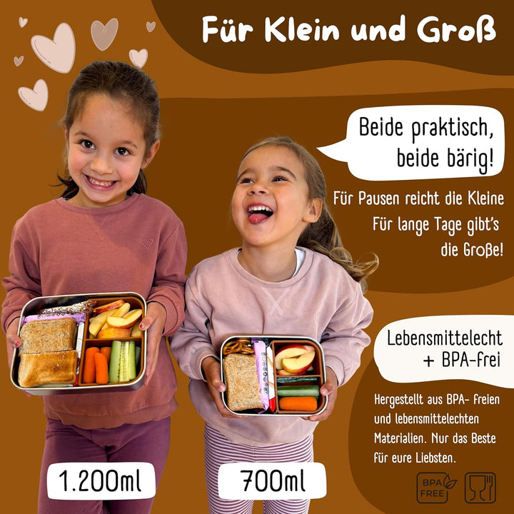 BEARFOOT Edelstahl Brotdose Kinder mit Silikondeckel (Braun, 1.200 ml) | BPA-frei, auslaufsicher, Br