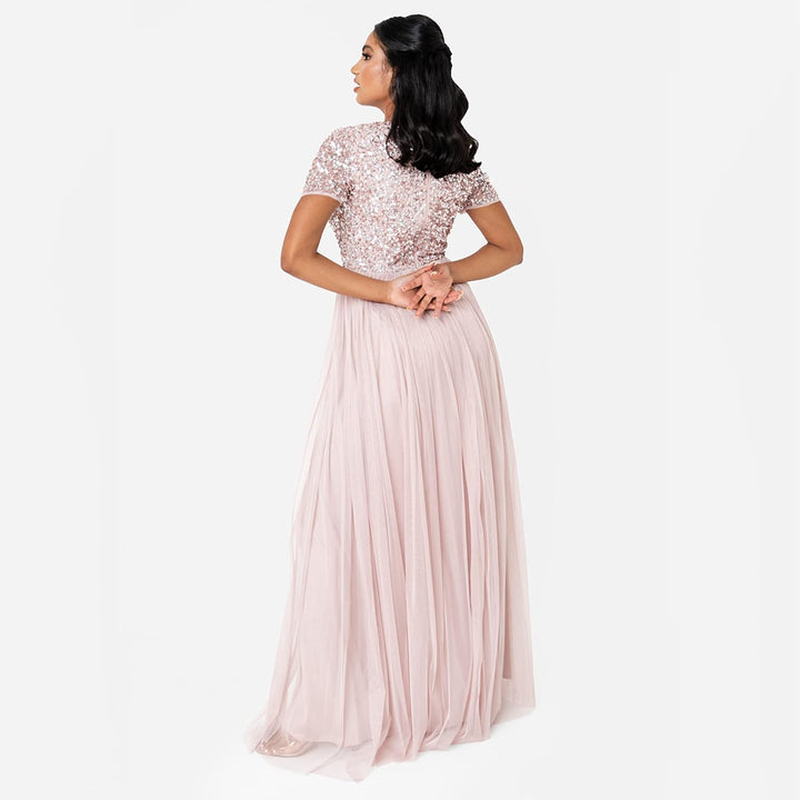 Maya Deluxe Damen Women's Maxi Dress Ladies Bridesmaid V-Neck Ball Gown Short Sleeves Long Elegant E
