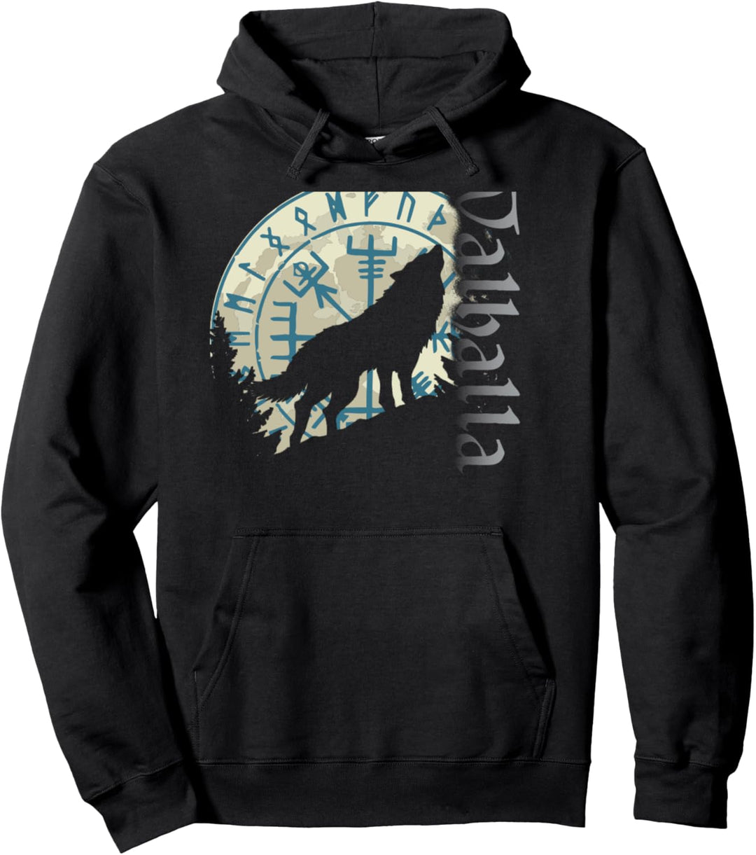 Walhalla Wolf Mond Odins Runen Nordischer Kompass Wikinger Pullover Hoodie