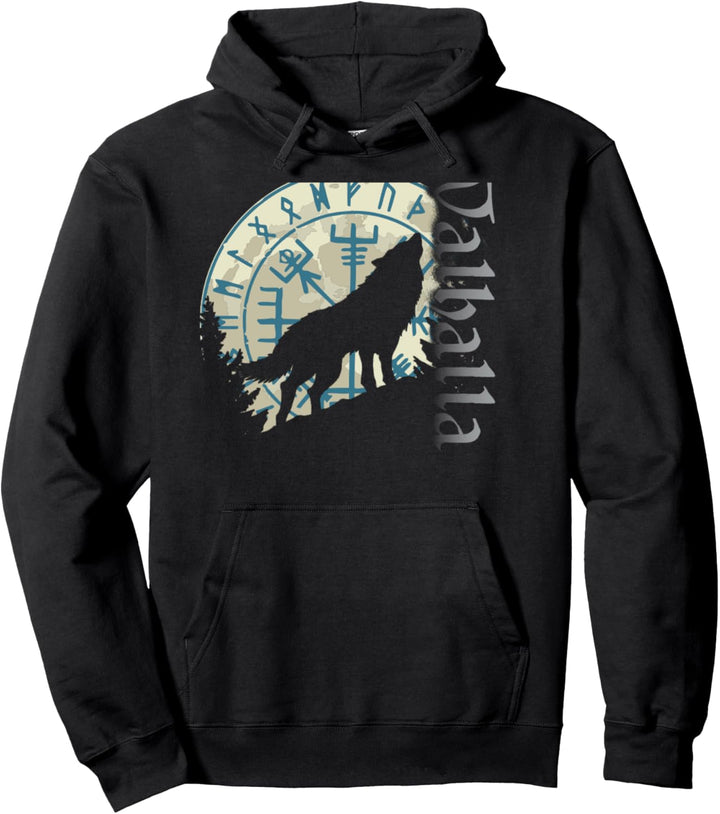 Walhalla Wolf Mond Odins Runen Nordischer Kompass Wikinger Pullover Hoodie