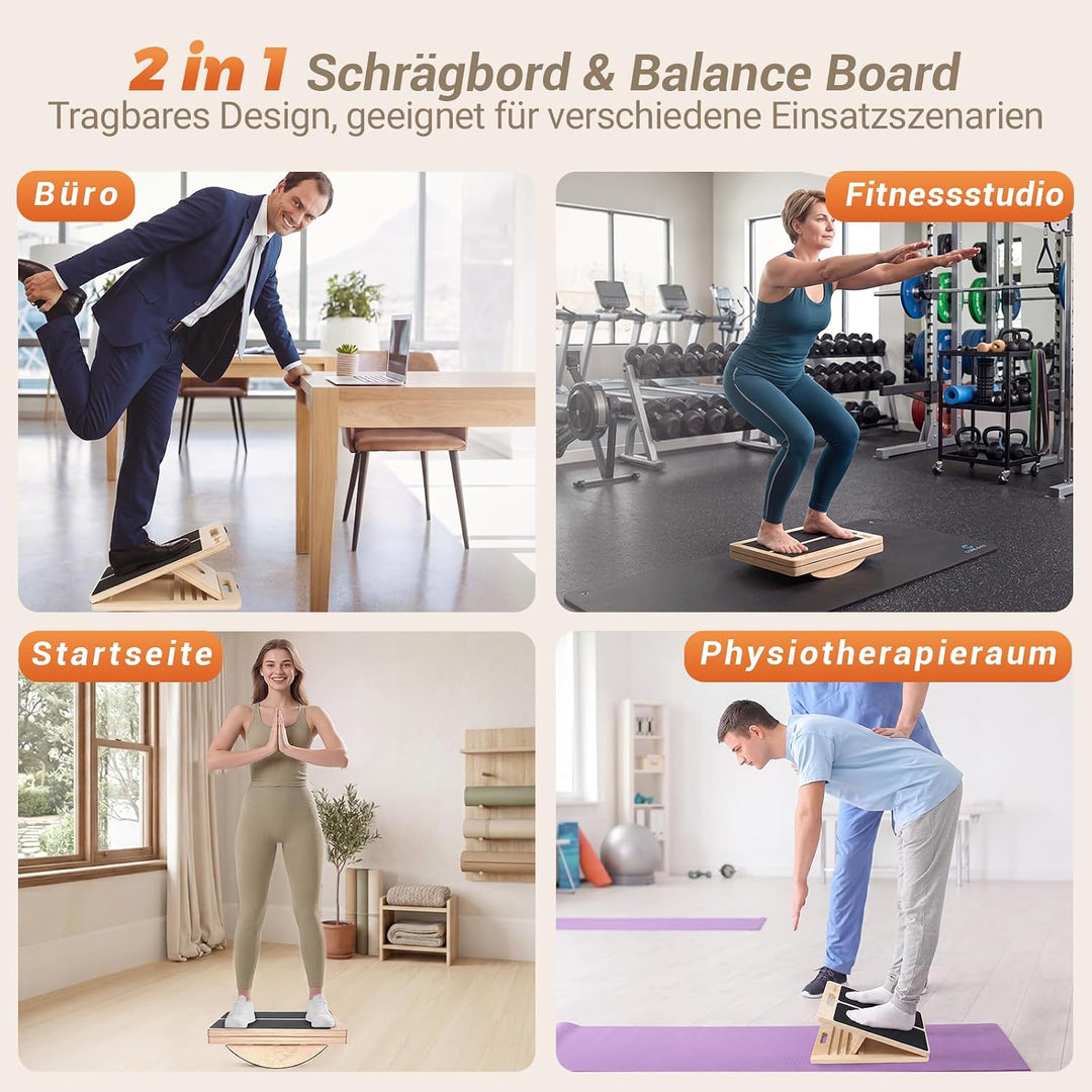 2 in 1 Balance Board &amp; Slant Board, Verstellbar Wadendehner Schrägbrett Holz mit 2 Widerstandsbänder