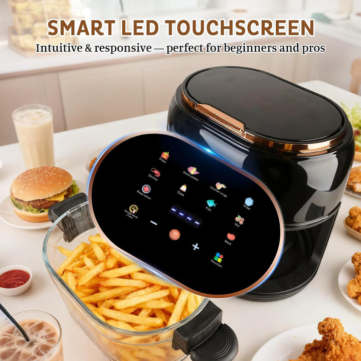 Heissluftfritteuse 5L Airfryer, 9-in-1 mit Glas-Korb &amp; LED-Touchscreen, 24h Timer, Sichtfenster, ges