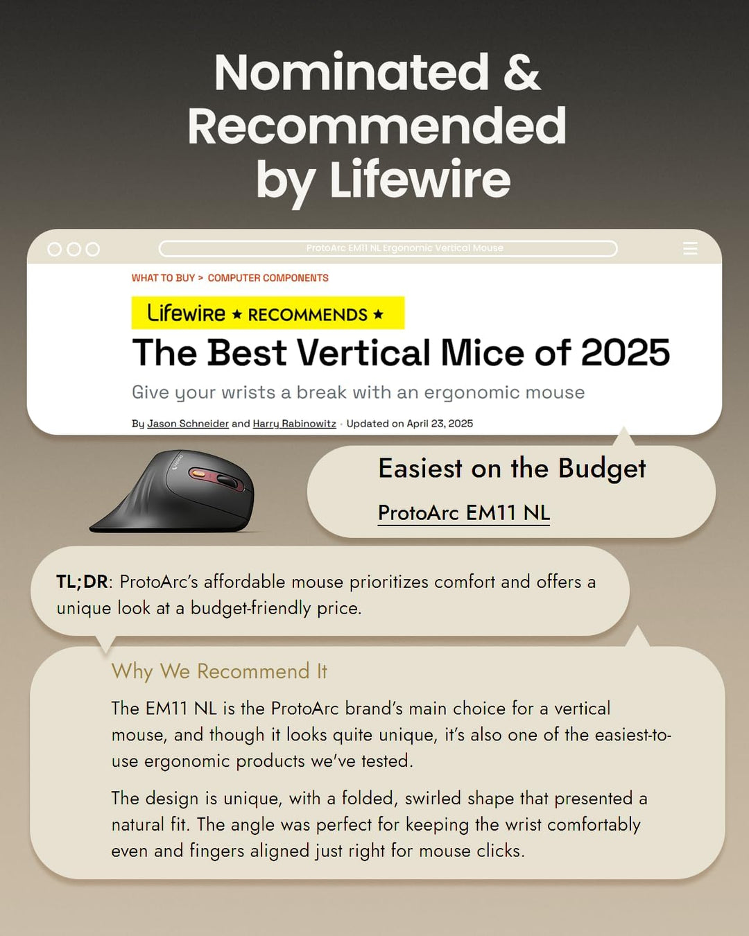 ProtoArc EM11 NL Ergonomische Vertikale Maus, Kabellos Aufladbar Mouse mit 3 Gerät (2*Bluetooth+USB)