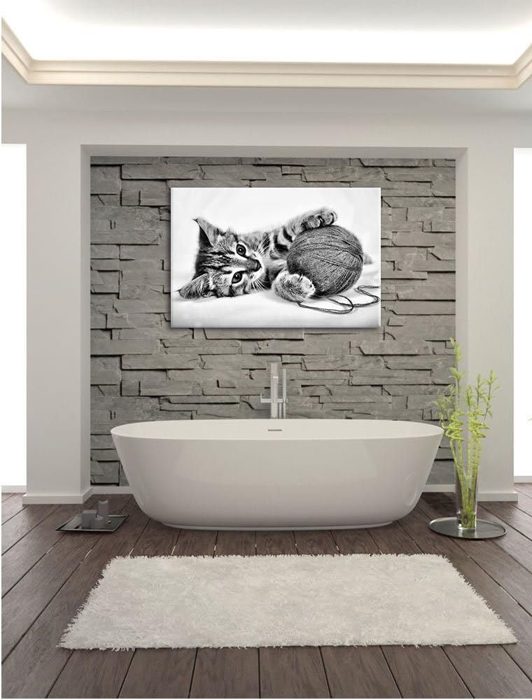 Pixxprint Kätzchen mit Wollknäuel / 100x70cm Leinwandbild bespannt auf Holzrahmen/Wandbild Kunstdruc